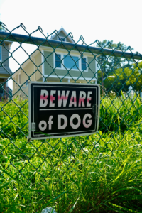 Beware of dog sign on fence warning cyclists of potential dog hazards on residential street