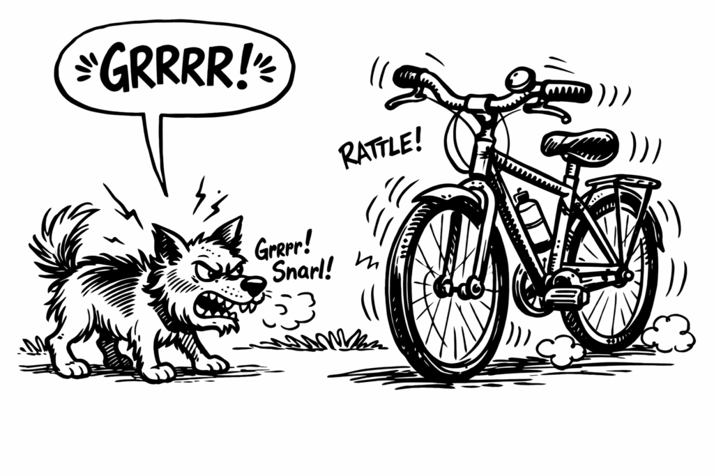 Illustration of aggressive dog barking and chasing a bicycle showing common cyclist hazard