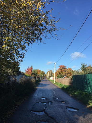 A quiet residential street showing severe pavement damage with large potholes filled with water under a clear blue sky.