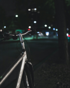 Bicycle at night illustrating a partly at fault bicycle accident scenario in California involving limited visibility.