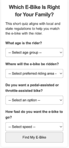 A screenshot of an interactive online quiz titled "Which E-Bike Is Right for Your Family?" with drop-down menus for rider age, area, assistance type, and speed.